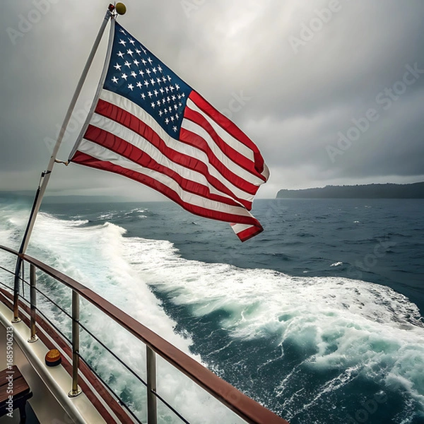 Fototapeta American flag waving proudly on a boat sailing through choppy ocean waters under a cloudy sky