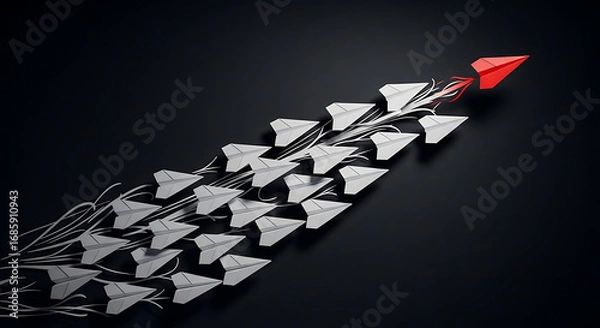 Fototapeta Bold red paper airplane leads a fleet of white planes in a dynamic airborne formation, symbolizing innovation and success.