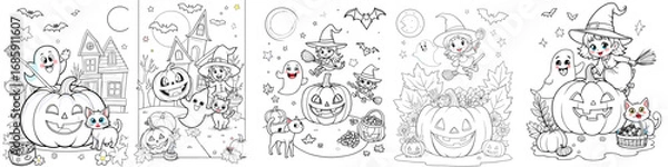 Fototapeta Halloween coloring pages with pumpkins, ghosts, and cheerful characters  