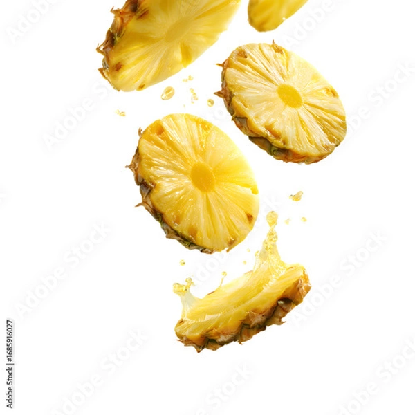 Fototapeta Juicy Pineapple Slices Falling Vibrant Tropical Fruit Photo for Recipes  Ads isolated on transparent background