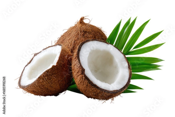 Obraz Two halves of a coconut, nestled together, with vibrant green palm fronds