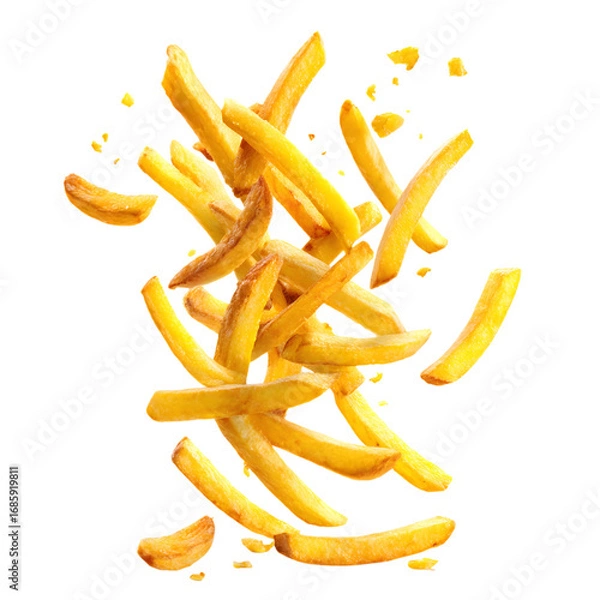 Fototapeta French Fries Crispy Golden Tasty Potato Fries in Air isolated on transparent background