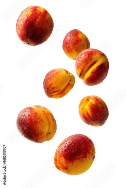 Obraz Ripe peaches in mid-air,  a collection of  vibrant, round fruits.  Various shades of orange and red, with a slight sheen, suggesting freshness.  Soft lighting highlights the peaches' textures