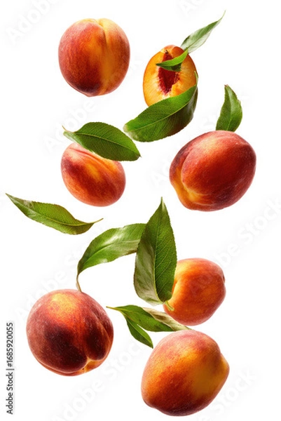 Obraz Peach fruit with leaves, in a vibrant arrangement