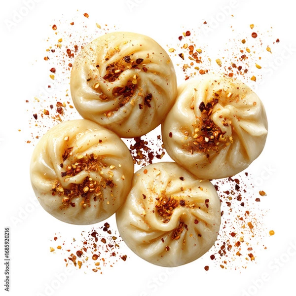 Obraz Four steamed buns, a close-up view, topped with a sprinkle of spice