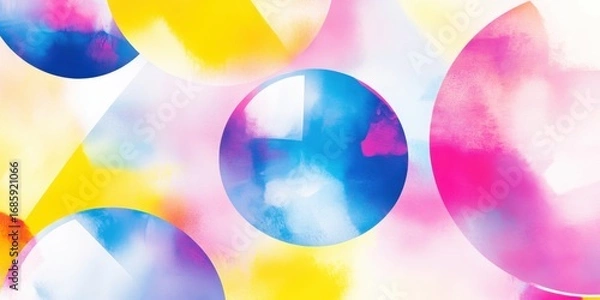 Fototapeta Abstract background with colorful geometric shapes, modern circles and vibrant gradients in blue, pink and yellow hues, creative design for diverse visual projects and contemporary art concepts.