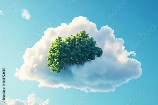 Obraz Realistic cloud shaped like a tree under a blue sky with soft fluffy textures, bright daylight, and serene atmosphere.