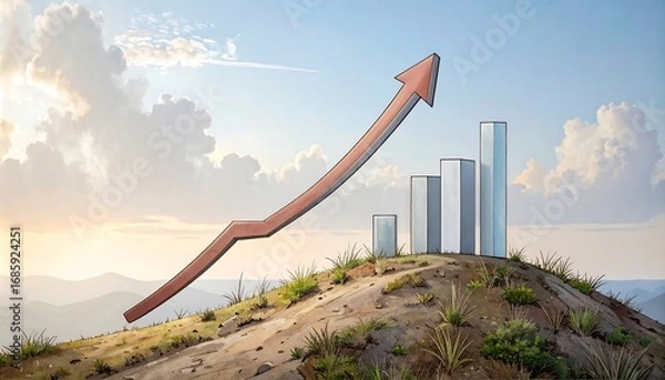 Fototapeta Upward trending graph on hill against a sky of clouds at sunset