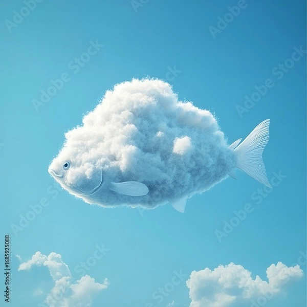 Obraz Realistic white cloud shaped like a jumping fish against a bright blue sky, with soft lighting and detailed fluffy texture.