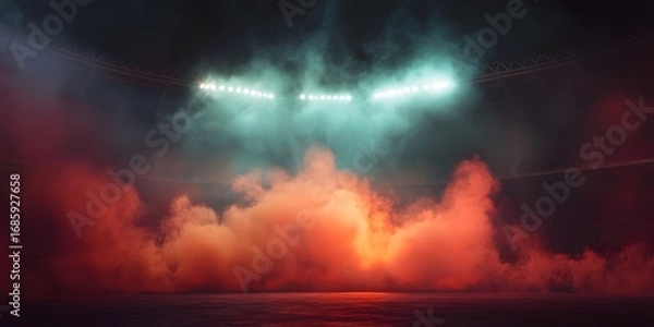 Fototapeta An atmospheric sports scene illuminated by stadium lights, surrounded by vibrant smoke in shades of red and teal. The dramatic lighting creates an intense and exciting ambiance.