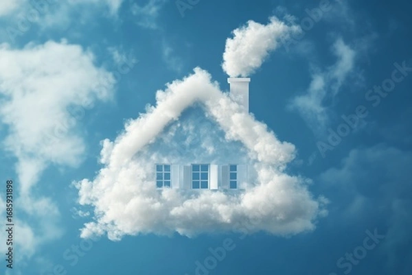 Obraz Realistic house-shaped cloud drifting in a vibrant blue sky, with crisp airy appearance, intricate details, and sunshine creating subtle glows.