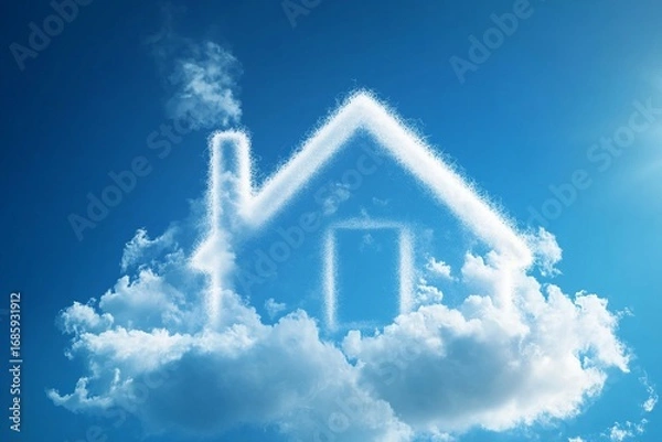 Obraz Realistic house-shaped cloud drifting in a vibrant blue sky, with crisp airy appearance, intricate details, and sunshine creating subtle glows.