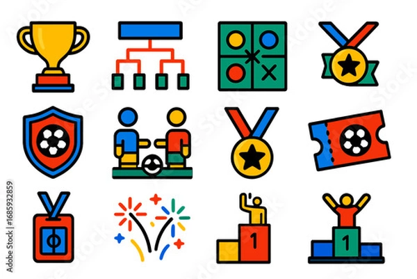 Fototapeta Soccer Tournament Icons. Flat vector icons of soccer tournament symbols: cup trophy, bracket chart, group stage icon, knockout