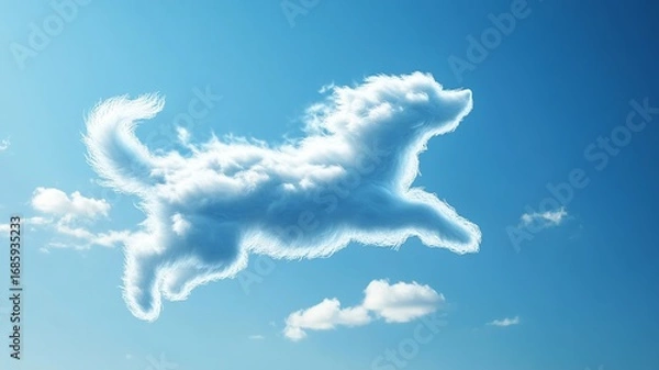 Obraz Realistic white cloud shaped like a running dog against a bright blue sky, with soft lighting emphasizing contours and detailed fluffy texture.