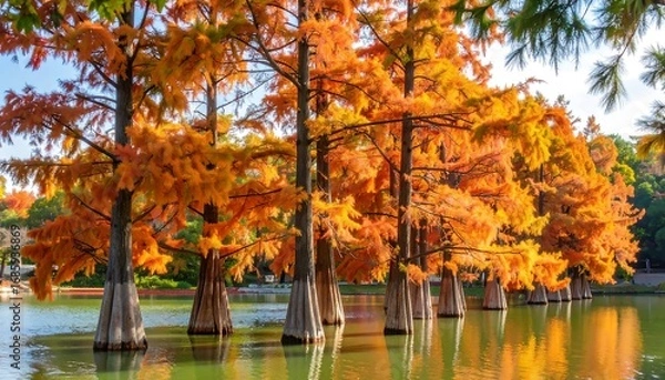Fototapeta Autumn trees lining a pond