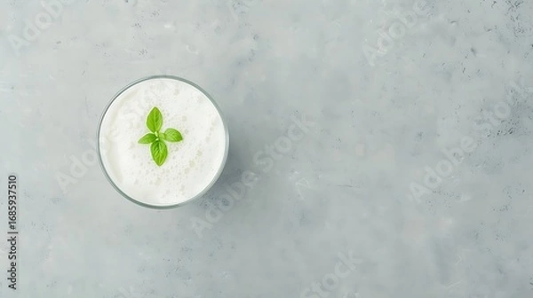 Obraz Refreshing yogurt drink with mint garnish on gray background