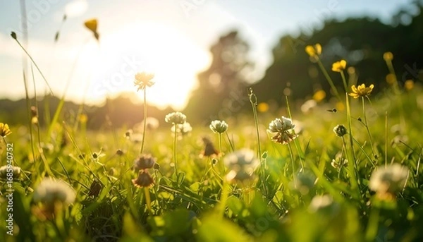 Fototapeta A sunlit meadow of wildflowers, with the sun shining brightly in the blurred background