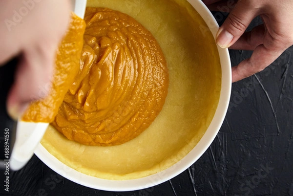 Fototapeta Hands pouring creamy pumpkin filling into a pie crust, showcasing the baking process with a dark textured background, emphasizing culinary art and home cooking