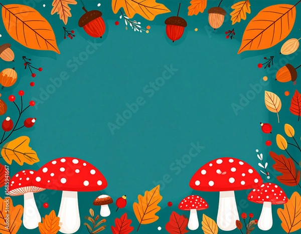 Fototapeta Whimsical Autumnal Frame with Red Mushrooms and Falling Leaves on Teal Background.