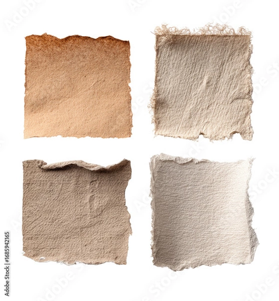 Obraz Four square, textured paper scraps in varying shades of beige and cream.  Each piece has irregular edges, suggesting hand-torn or aged quality