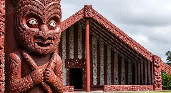 Obraz The Enchanting Māori Meeting House: This image showcases the iconic Māori meeting house, carved from red wood, with a captivating human sculpture and elaborate patterns.