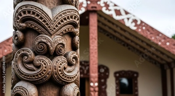 Obraz Cultural Carvings: Exquisite carvings showcase intricate details and patterns, in the backdrop of the house, celebrating the Maori heritage and artistic traditions.