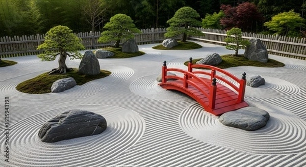Obraz Zen Garden Tranquility: A serene zen garden features meticulously raked gravel, artfully arranged stones, and a vibrant red bridge.