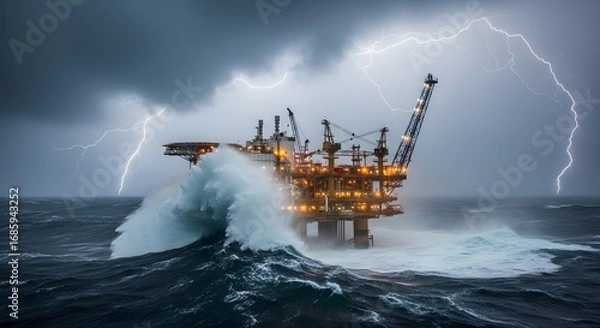 Obraz Oil Rig and Storm: A powerful offshore oil rig battles the forces of nature, standing resilient amidst a tumultuous sea under a dramatic, lightning-filled sky.