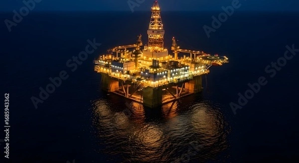 Obraz Offshore Oil Rig at Night: An oil rig glitters against the dark expanse of the open ocean at night. Lit up with warm lights.