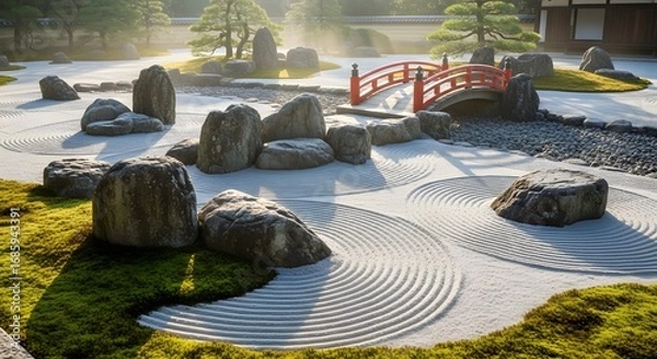 Obraz Japanese Zen Garden: A serene Japanese zen garden with artfully arranged stones, raked gravel, a vibrant red bridge, and meticulously manicured greenery.
