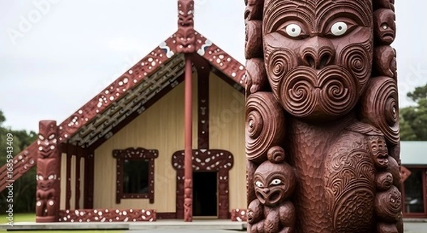 Obraz Intricate carvings and traditional meeting house: Immerse yourself in the world of Maori culture.