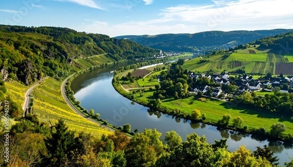 Fototapeta Panoramic view of a valley with a winding river, vineyards, and villages