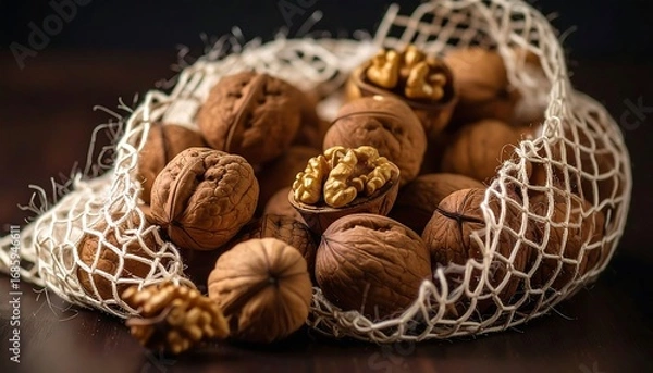 Fototapeta Close-up of a mesh bag overflowing with whole walnuts, some shelled