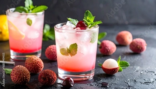 Fototapeta Two clear glasses filled with a pink drink, ice, and mint, with lychees on a dark surface