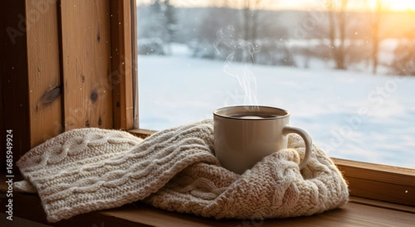 Fototapeta Cozy Blanket and Coffee by Winter Window Warm cup of coffee and blanket placed by a wooden window for cozy winter vibes