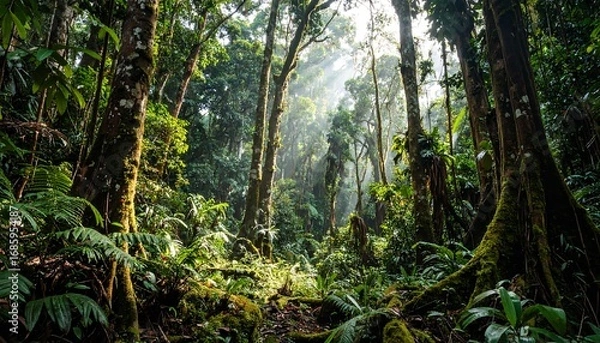 Fototapeta Lush rainforest canopy, sunlight filtering through trees