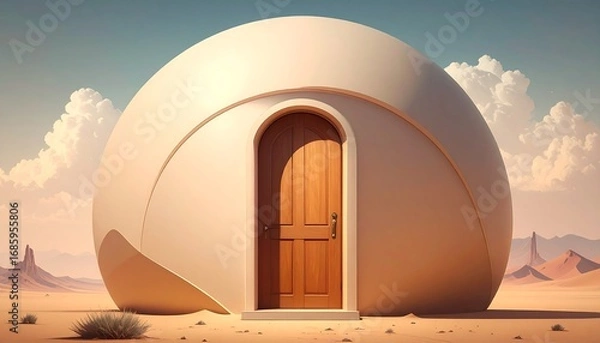 Fototapeta A spherical structure with a wooden door stands in a desert landscape under a cloudy sky