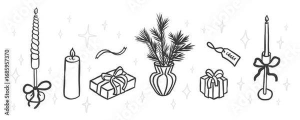 Fototapeta Charming whimsical outline illustrations of holiday candles, wrapped gifts with bows, pine branches in a vase and decorative elements. Perfect for Christmas, New Year and seasonal projects