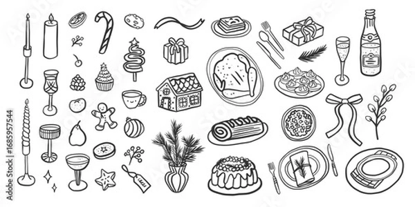 Fototapeta Set of charming whimsical Christmas outline illustrations of festive food, tableware and drinks for invitations, greeting cards, menus, posters, products, blogs, web design and patterns
