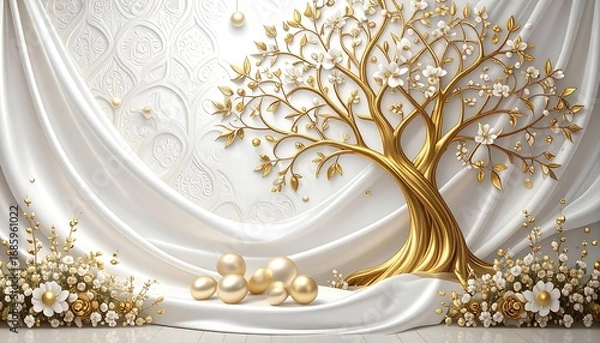 Fototapeta Golden-hued, ornate tree with blossoms sits against a white, draped backdrop