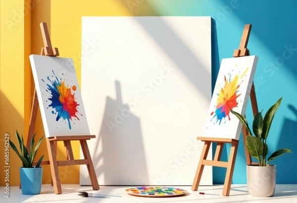 Fototapeta Arts workshop area featuring easels and vibrant paint splashes