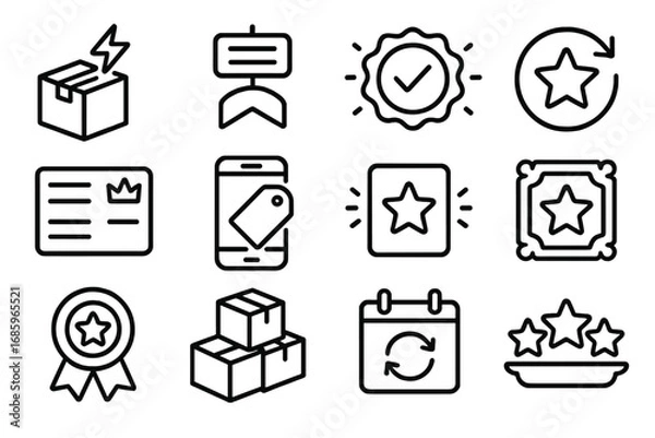 Fototapeta Subscription Icon Set. Line style icons of featured subscriptions: monthly box with spark, plan tier with label, best value badge,