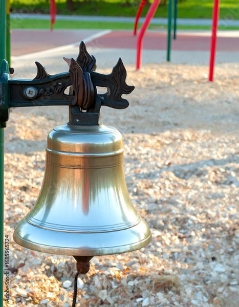 Obraz Polished metal bell hangs on a post in a playground
