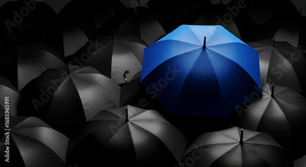 Fototapeta Stand out boldly from the crowd with this vibrant blue umbrella surrounded by many dark ones