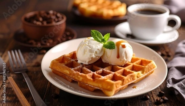 Fototapeta Delicious waffle topped with ice cream, mint, and sauce, accompanied by coffee and beans
