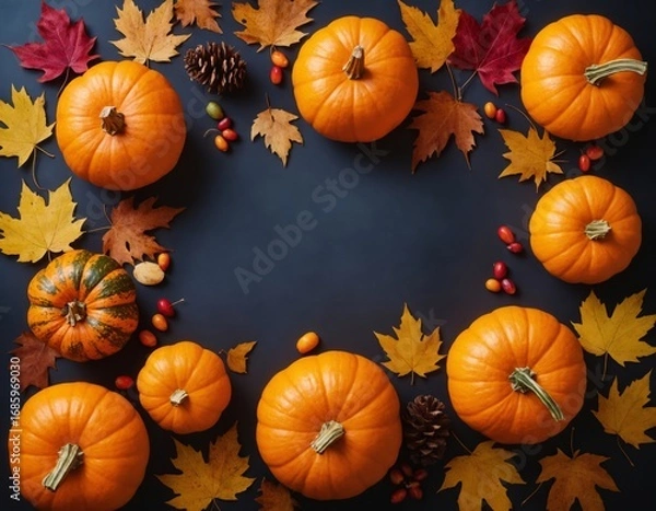 Fototapeta Autumnal arrangement with orange pumpkins and fall leaves on dark background, creating a festive border for sale announcement.