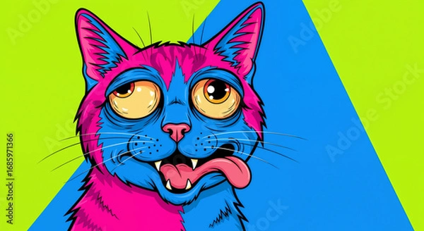 Fototapeta A stylized, psychedelic illustration of a cat with a tongue sticking out, split into vibrant pink and blue halves, and a dazed, crossed-eyed expression against a geometric background.