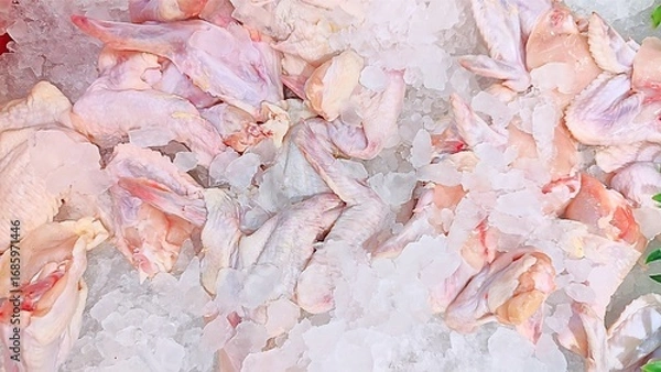 Fototapeta Fresh raw chicken wings displayed on a bed of crushed ice for sale at a market.