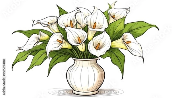 Fototapeta A vibrant digital illustration showcasing a bouquet of calla lilies in a classic vase