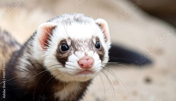 Fototapeta Close-up of a cute ferret with brown and white fur, looking intently at the camera